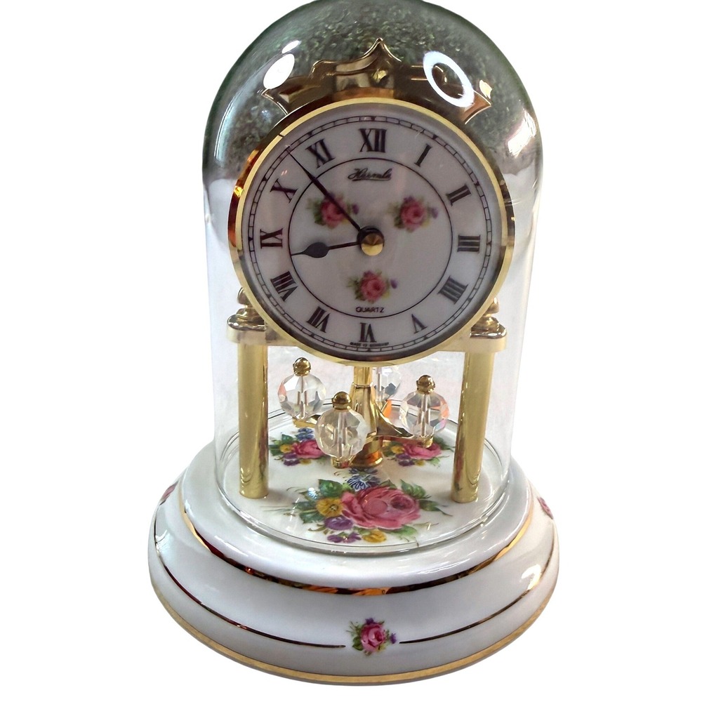 Vintage Hermle Anniversary Clock 6.25in Floral Porcelain Glass Dome Grandmacore